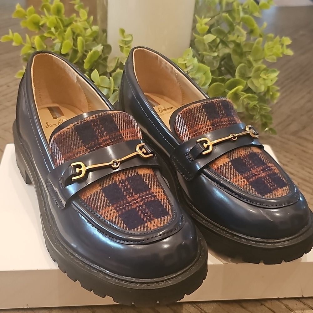 Plaid Lug Sole Loafers with Gold Accents Size 1 Sam Edelman New Condition